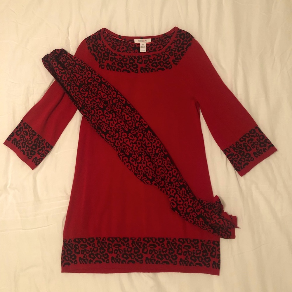 Style&Co Red and Black Cheetah Print Sweater Dress with scarf